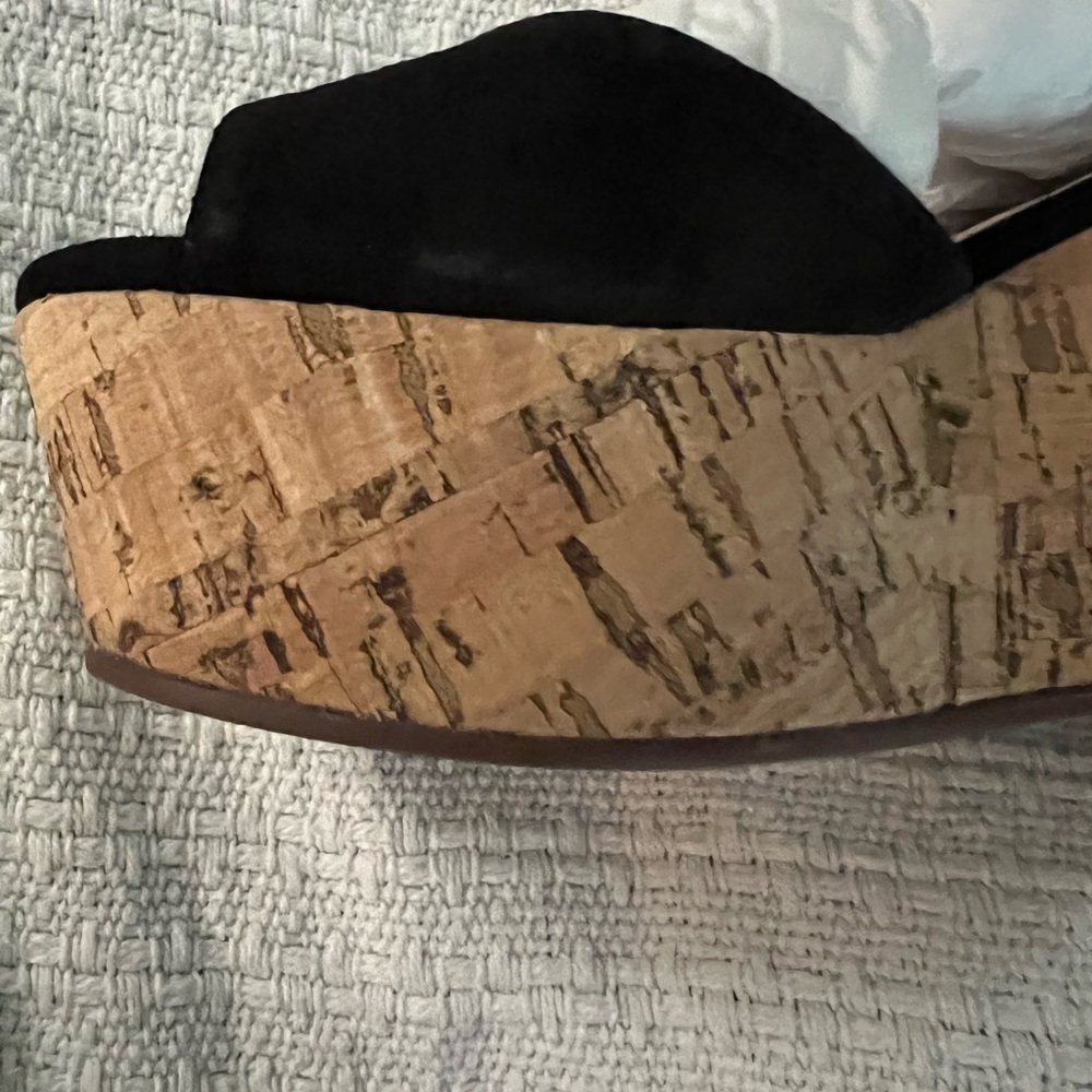 NWT $180 SCHUTZ | Heloise | Suede | Cork Platform Wedges in Black - Picture 4 of 12